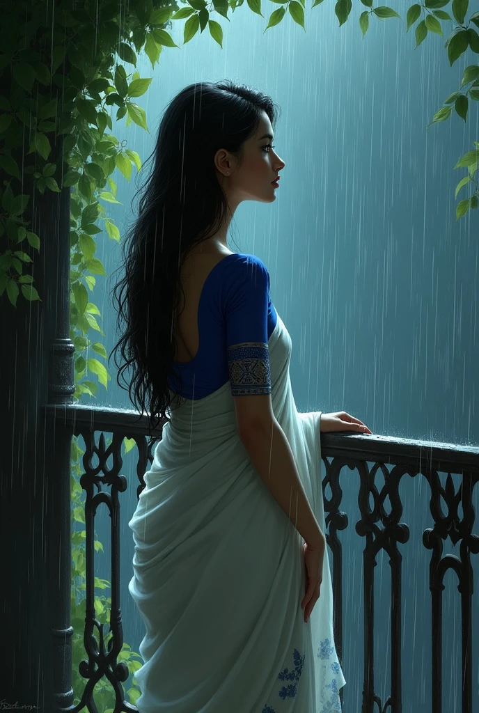 
**"Create a digital painting of a serene scene where a woman stands on a balcony in the rain. She is dressed in a traditional white saree with a blue blouse, and her long black hair is wet from the rain. The balcony has ornate wrought-iron railings, and behind her, strings of leaves hang, slightly wet from the downpour. A dim light glows softly in the background, adding to the melancholic yet peaceful atmosphere of the night. The overall color palette is muted and dark, with emphasis on the contrast between the woman's white saree and the dark rainy night."**

