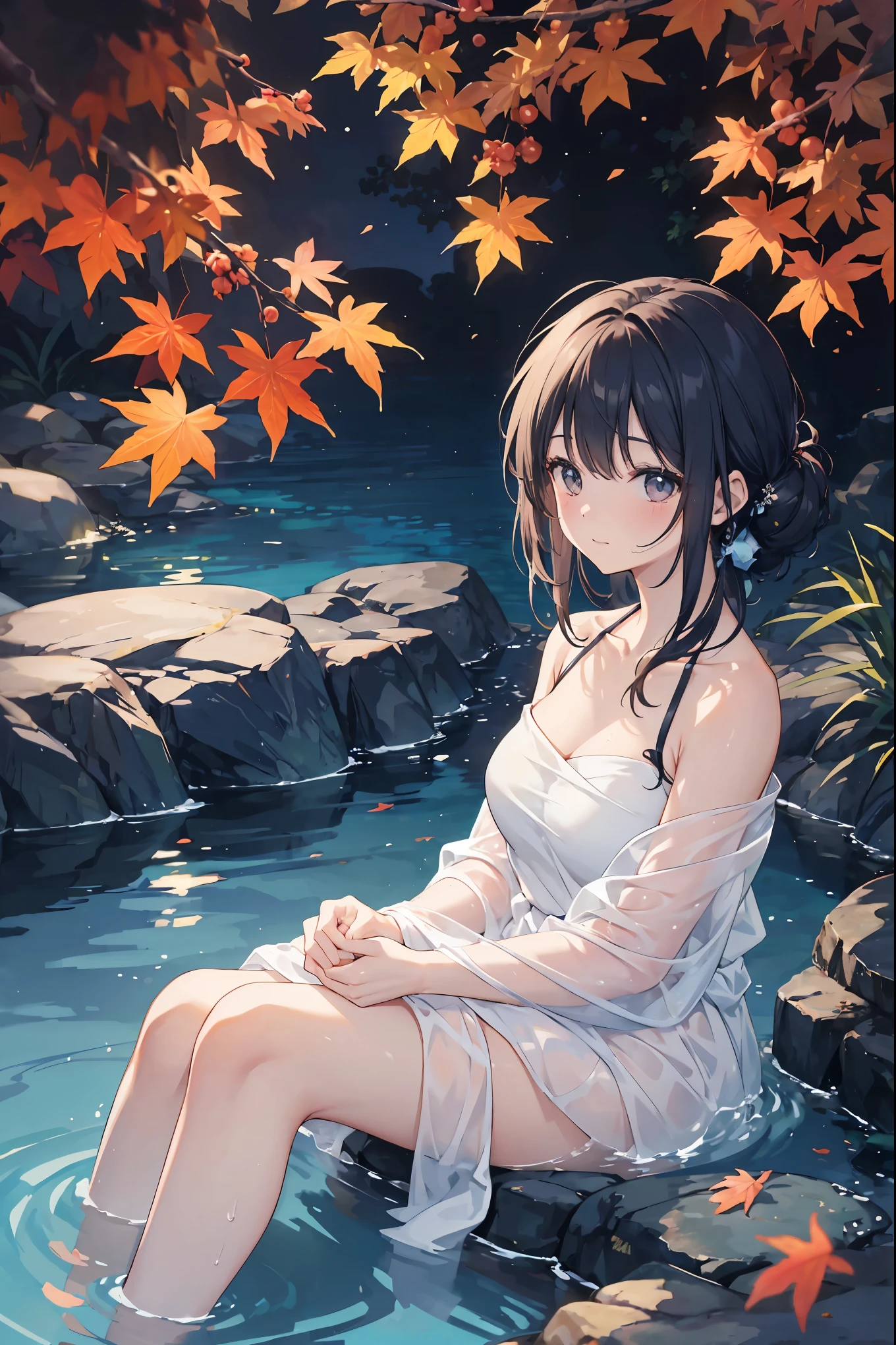 A woman relaxing in a hot spring,２０generation,Looking up at the moon、autumn leaves、Satisfied face,Put a towel over your hair,Beautiful light of inspiration,Elegant water flow,Calm atmosphere,Quiet and calm background