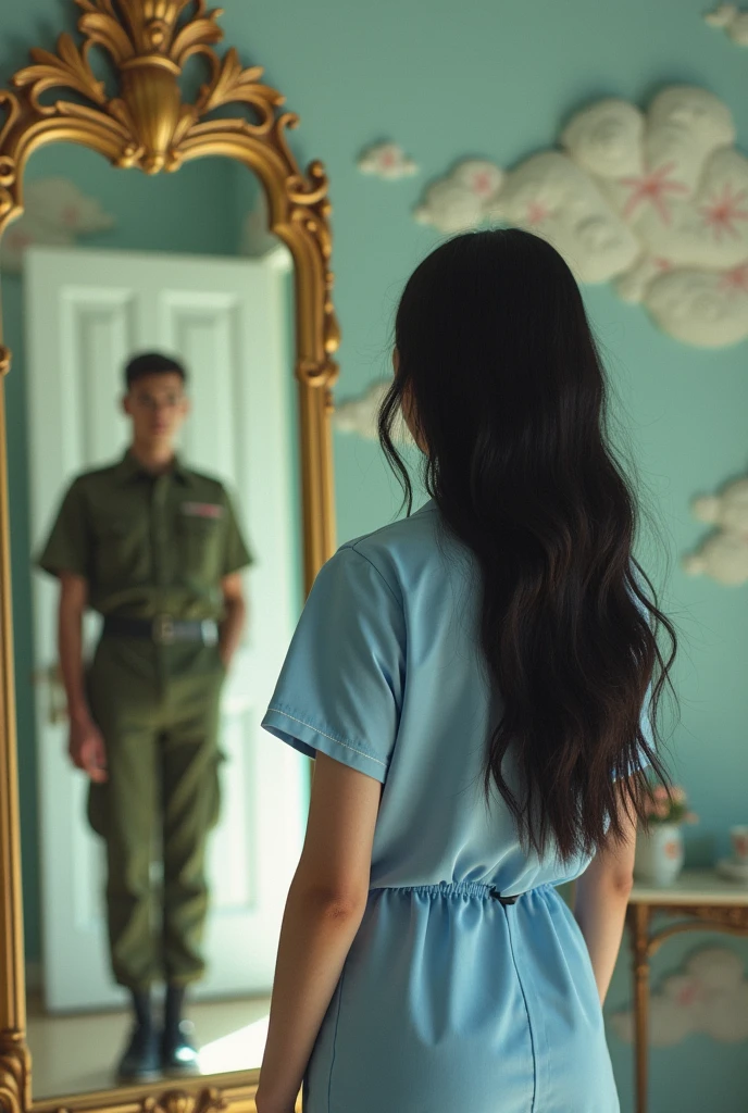 A girl, tanned skin, long hair black hair,hanging over her chest, wearing a sky colour OT dress of doctors, standing Infront of a mirror,the room looks dreamy,a military man wearing olive colour uniform enter the room by opening the door, long hair upto waist