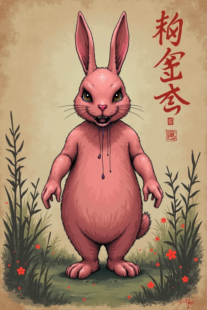 (masterpiece: 1.2, Highest quality),(Pink Rabbit)、Japanese painting, rough sketch, Horror elements、Full body portrait,((Jump scares)),crazy illustration, antique, Dark atmosphere