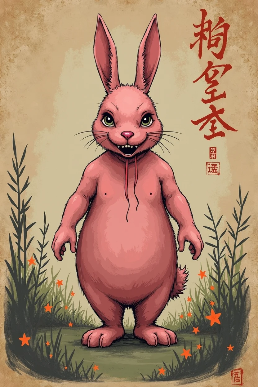 (masterpiece: 1.2, Highest quality),(Pink Rabbit)、Japanese painting, rough sketch, Horror elements、Full body portrait,((Jump scares)),crazy illustration, antique, Dark atmosphere
