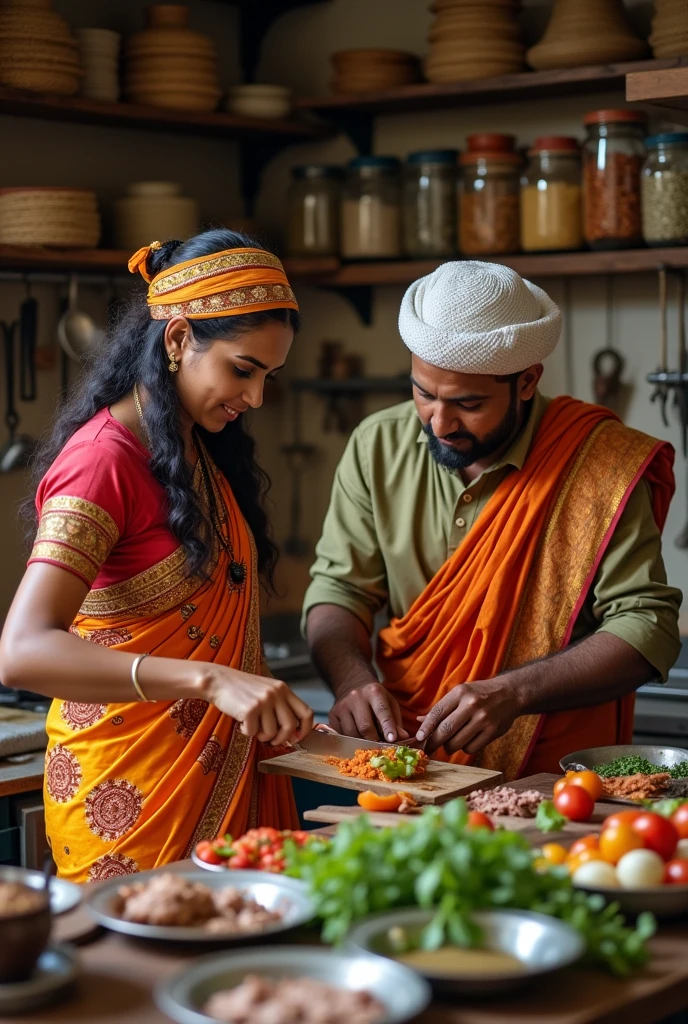 Hindu Brahmin women with her backside Muslim husband cutting meat and her Muslim husband in Islamic cultural cap 
