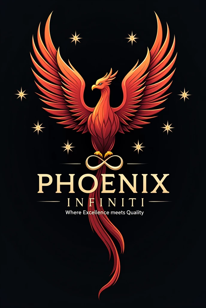 Phoenix bird + infinity symbol logo in red and black combo, merge phoenix bird and infinity symbol, include only 9 stars around the bird ,  and include the name  PHOENIX in capitals and in modern font and INFINITI in smaller font than Phoenix, place it infiniti word right below PHOENIX, and add a tagline Where Excellence meets Quality