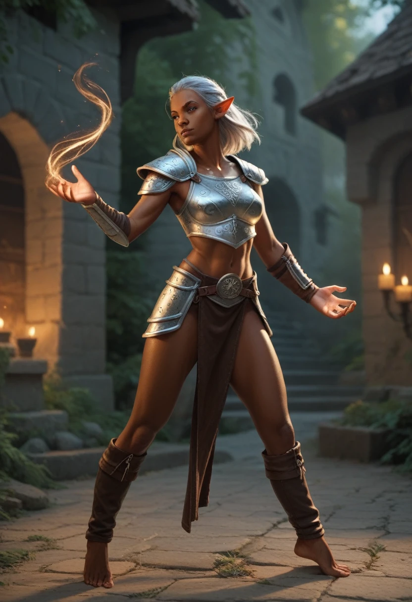 female darkelf warlock. sexy, dungeons and dragons character. silver hair, pointy ears. magic. leather armor, full body pose, dark skin
