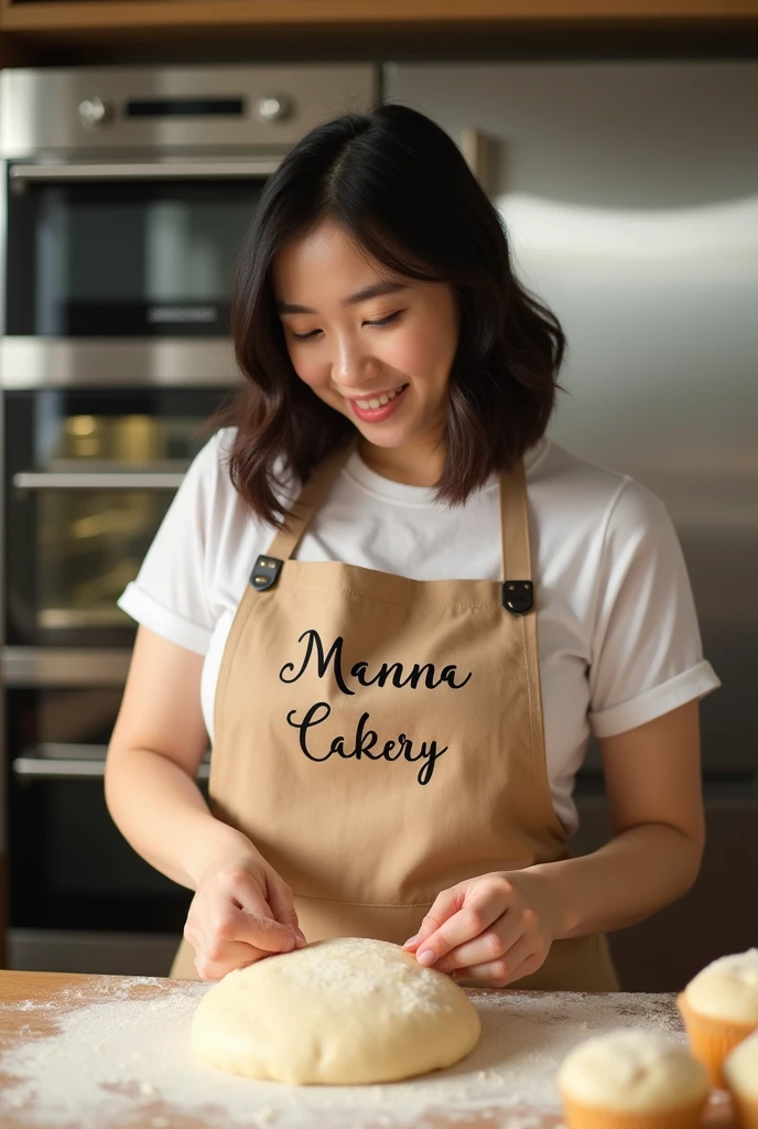 plump girl , asia, shoulder length hair, 25-year-old is making bread dough, wearing an apron with the inscription "Manna Cakery" with a background of a modern oven and other bakery equipment. Photography ,16k ,hyperrealistic