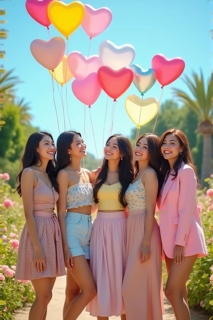 I'm taking photos for a new concept album. Take a girl group concept photo with heart-shaped balloons