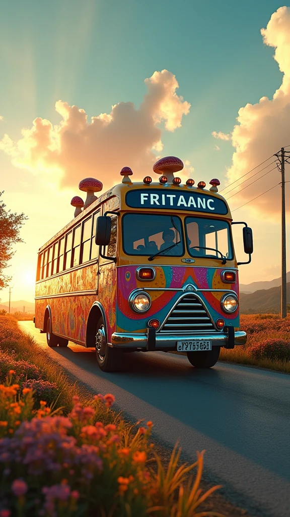 An ultra-realistic and highly detailed image of a tour bus with the name "FRITANIC" written in large, playful letters on the side and front of the vehicle. The bus features a psychedelic and cheerful paint job. The environment exudes positive energy. The bus is traveling on a country road surrounded by beautiful vegetation, flowers, and various hallucinogenic mushrooms early in the morning. In the sky, there is a sign that reads "VAGAS PARA A BUG 17/08." The scene is captured with a Canon EOS R5 paired with a 24-70mm f/2.8L IS USM lens, ensuring stunning clarity and rich details. The lighting is soft and warm, with the morning sun casting a golden glow on the bus and the surrounding landscape. The aspect ratio is 9:16, emphasizing the vertical composition