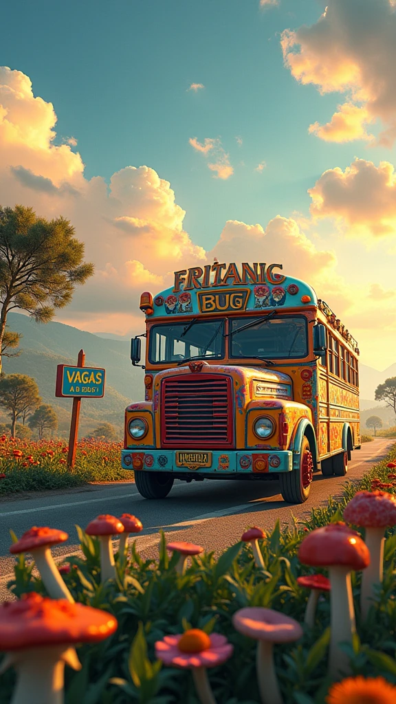 An ultra-realistic and highly detailed image of a tour bus with the name "FRITANIC" written in large, playful letters on the side and front of the vehicle. The bus features a psychedelic and cheerful paint job. The environment exudes positive energy. The bus is traveling on a country road surrounded by beautiful vegetation, flowers, and various hallucinogenic mushrooms early in the morning. In the sky, there is a sign that reads "VAGAS PARA A BUG 17/08." The scene is captured with a Canon EOS R5 paired with a 24-70mm f/2.8L IS USM lens, ensuring stunning clarity and rich details. The lighting is soft and warm, with the morning sun casting a golden glow on the bus and the surrounding landscape. The aspect ratio is 9:16, emphasizing the vertical composition 