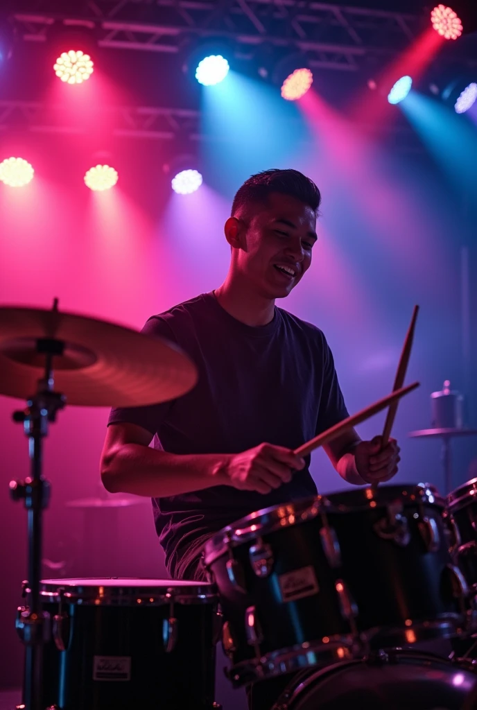 An 18-year-old Indonesian man is wearing a shirt. ,haircut (short slicked back) skinny and short body playing drums on stage at night , looks very real, 360 low angle photography, 8k