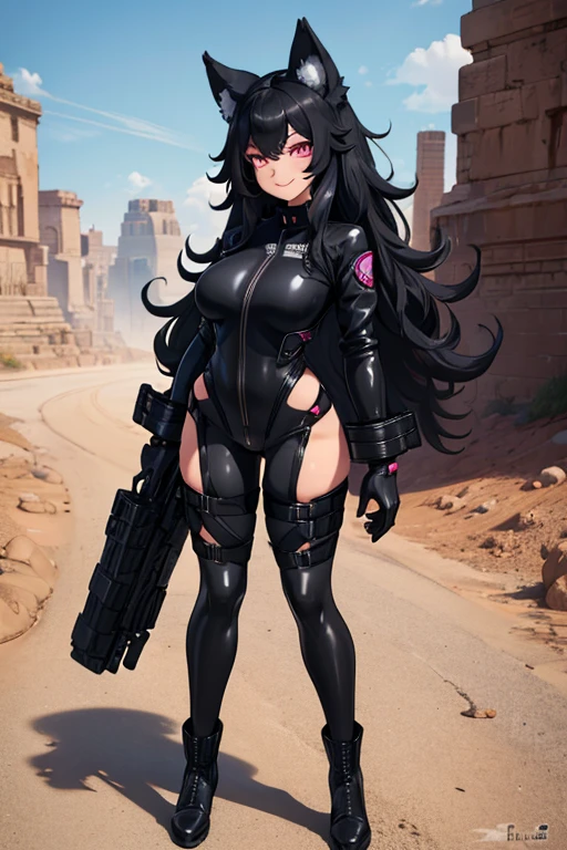 female, black long hair with magenta trim, silver eyes, wolf ears, wolf tail, (((1girl))), (((black full body skintight tactical bodysuit))), (black tactical belt), (black military boots), (black gloves), cute and sexy, full body, large breasts, long legs, smiling