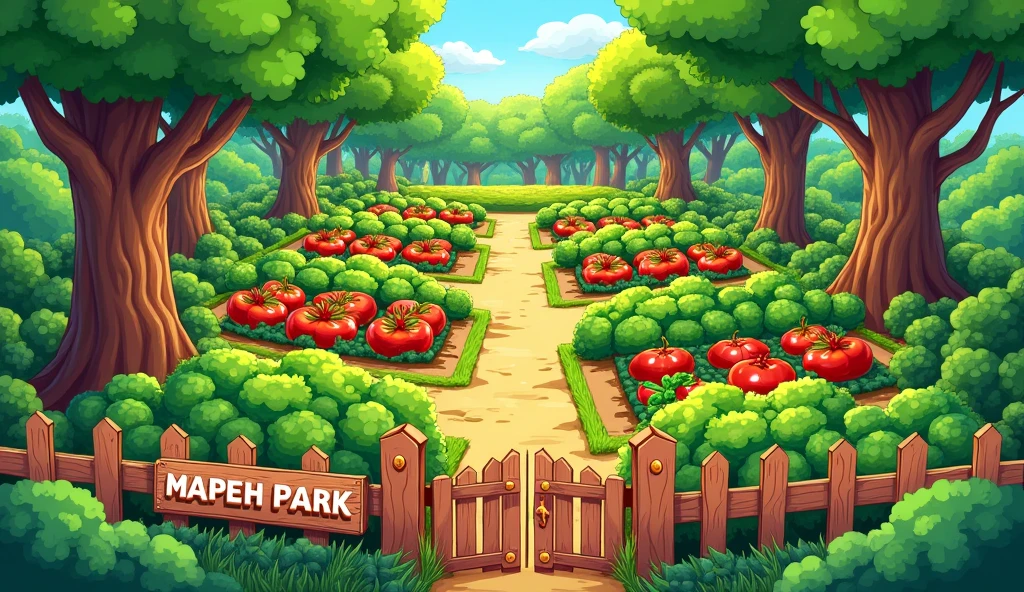 “top-down view of vegetable garden,”, “with a simple gate that says MAPEH PARK” “fences around the garden,” “trees at the back of the garden.” “kids illustration, “top view”, “top view”, “show the wholeness of the vegetable garden” “top view of the vegetable garden” “Top 🔝 view 🗾”