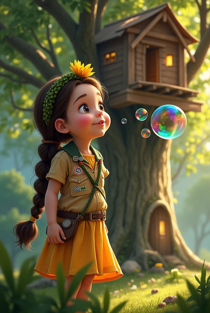 a  with long curly hair tied up by a willow leaf, wearing a scout outfit and a yellow flower crown blowing bubbles near a treehouse