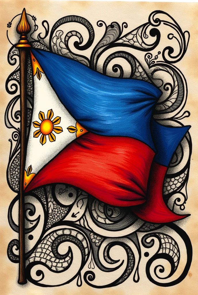 Create me an simple zentangle art with Philippine flag on it and different pattern in zentangle art in a bind paper