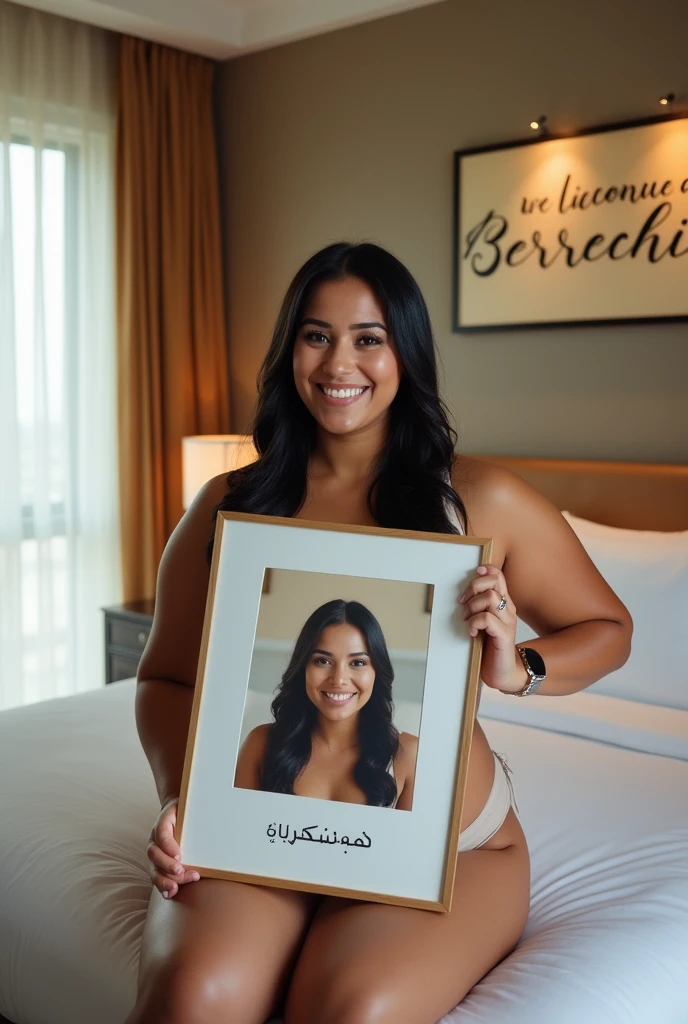 Une femme brune. Les cheveux raides, écartés ou assez écartés du cou, pas longs, de couleurs noirs. Une femme un peu volumineuse par sa forme physique. Assise dans une grande chambre d'hôtel, sur un lit de l'hôtel, souriante, la tête droite, le regard droit fixé vers l'avant, portant dans ses mains une grande photo qu'elle montre bien vers l'avant de sorte que la photo qu'elle montre soit un peu décollée de sa poitrine et derrière elle, accroché sur le mur, un tableau avec 2 écritures sur le tableau. L'une qui dit en langue arabe : Bienvenue à Berrechid et la deuxième en langue française qui dit : Bienvenue à Berrechid.