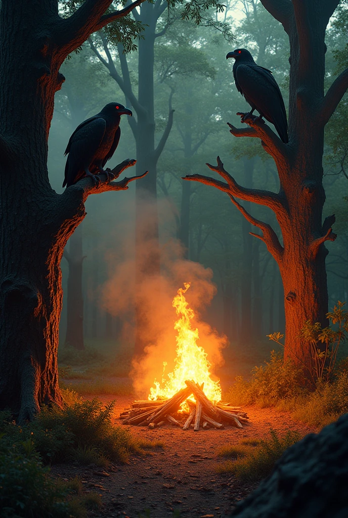 a bonfire in the middle of the forest protected by vultures
