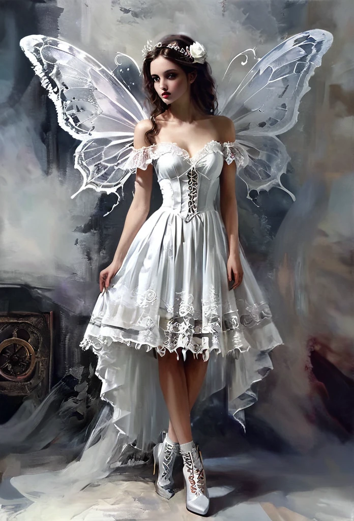 ((best quality)), ((masterpiece)), (detailed), 1girl, off-shoulder, Character design, female, dynamic poses, long white grey hair, grey white eyes, very skinny, detailed, best quality, no accesoires around the neck, no shoes, prominent collarbones, skinny arms, flat stomach, visible hip bones, full body, blank white background, plain background, white background, red and white clothing, Bloodborne inspired, occult aesthetic, occult, detailed and intricate steampunk and detailed gothic, NSFW, Very dramatic and cinematic lighting, cosmic horror, grim-dark, side-lighting, perfect face, NSFW, Fluttering lace flared long knee length dress with frilly petticoats, knee length dress, pleated petticoats, petticoats gothic, complex lace boots, side-lighting, gothic lolita aesthetic, wielding a mighty sword with mechanical components, mandalas, small breasts, a fairy, various different types of insect wings, NSFW, full body, whole body, body, plain background, white background, blank background, no background, white background NSFW, chains, full body, whole body, head-to-toe NSFW, oil painting