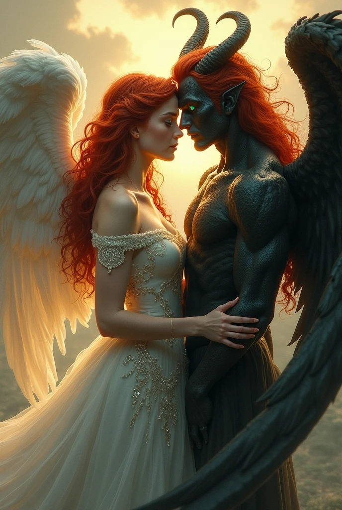 A red-haired angel with blue eyes and a handsome red-haired demon with green eyes, and they are siblings.