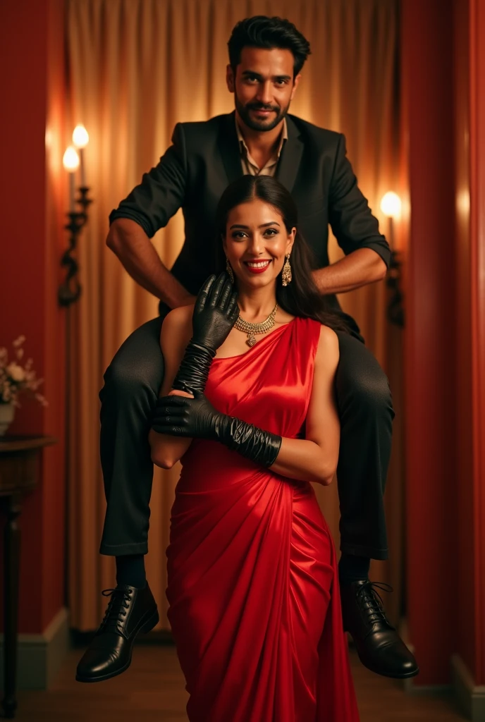 Create a realistic photograph of a smiling and beautiful indian actress in red satin carrying a large stout man on her shoulders in a room, man is sitting on top of her shoulders , man on top, woman standing at bottom , she is wearing black gloves 