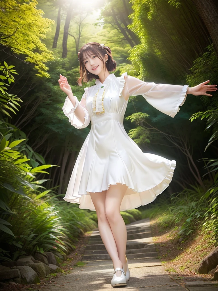 Photo-realistic quality、A Japanese female model wearing a dress and white shoes is dancing on a forest path., ダンサーのcute遊び心のあるポーズ, smile, Ruffled Costume, cute, In a dress, Wearing long, loose clothing, Spin around,cute笑顔、Relaxed and gentle expression、Detailed and beautiful eyes、cute