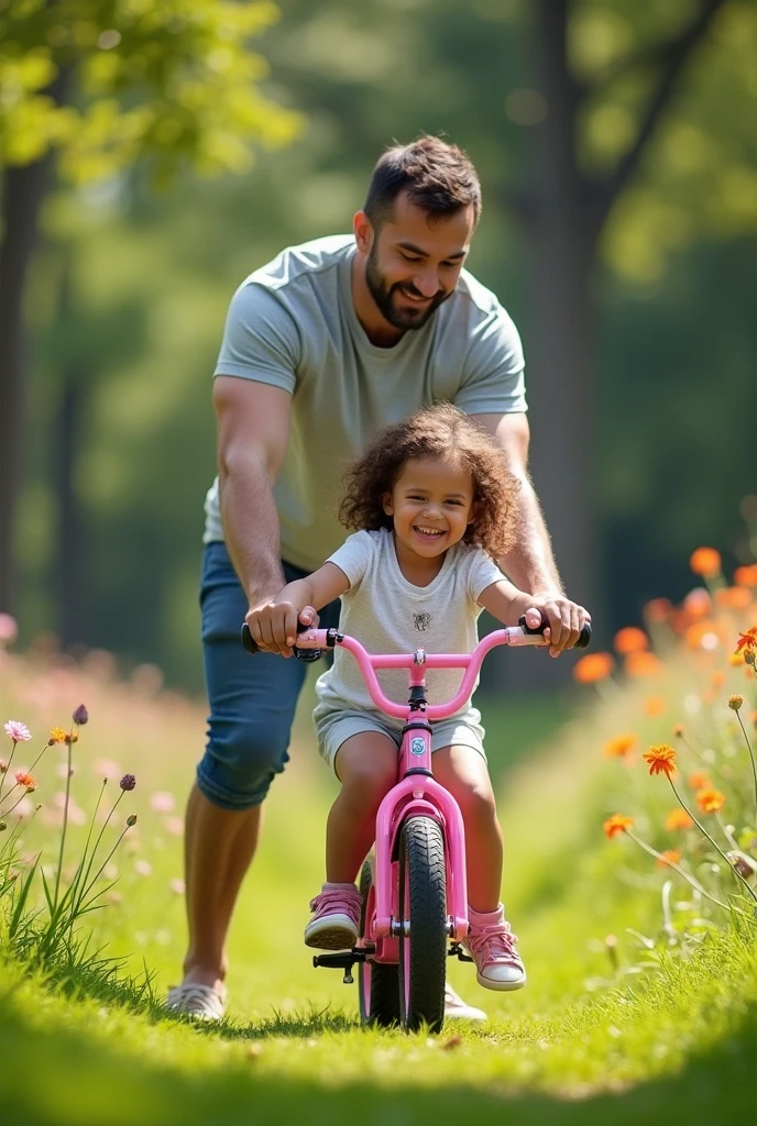Dad teaching his daughter with long, curly hair to ride a bike