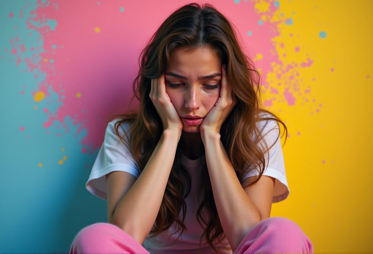 , creating an atmosphere of sadness or despair. She appears distressed or sad as she sits alone against a light-colored wall. This illustration captures the essence of emotional turmoil and loneliness, high resolution photography, in pink and blue tones, pop art style, vibrant colors