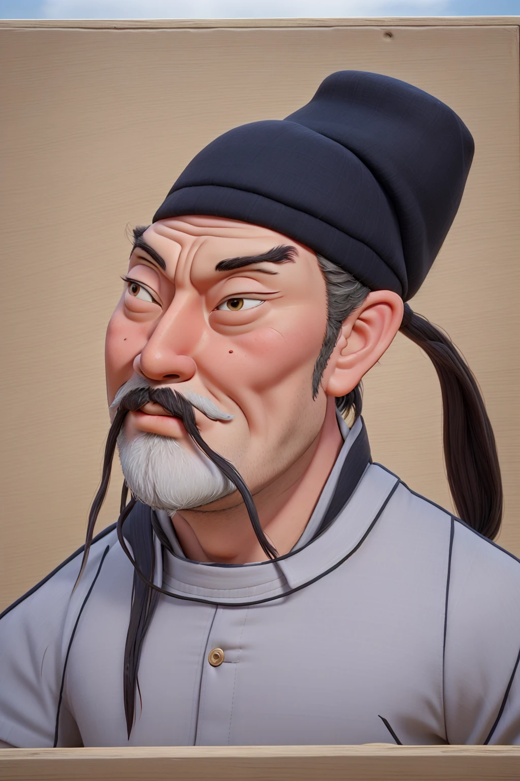 HD, (The finest details), (best quality), Disney, Li Bai,Ancient Chinese poet,1boy,Male focus,solo,Facial hair,hat,traditional media,Black Hair,Moustache,beard,Ponytail,Black headdress,Japanese Clothing,Upper body