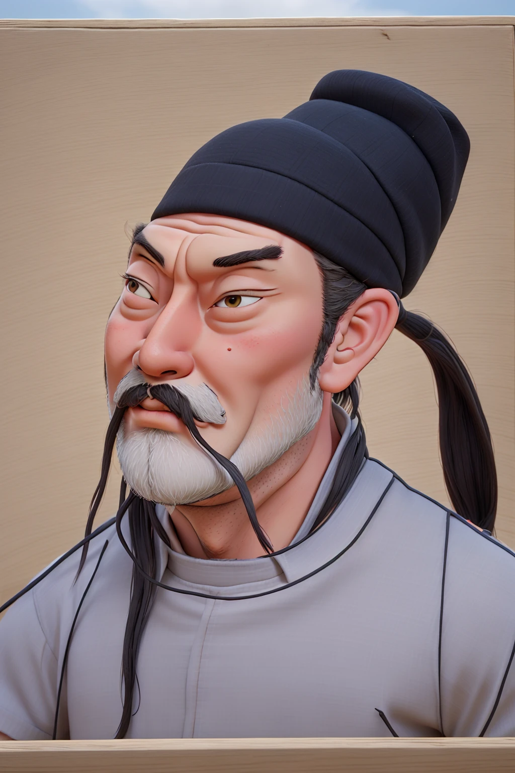 HD, (The finest details), (best quality), Disney, Li Bai，Ancient Chinese poet，1boy，Male focus，solo，Facial hair，hat，traditional media，Black Hair，Moustache，beard，Ponytail，Black headdress，Japanese Clothing，Upper body