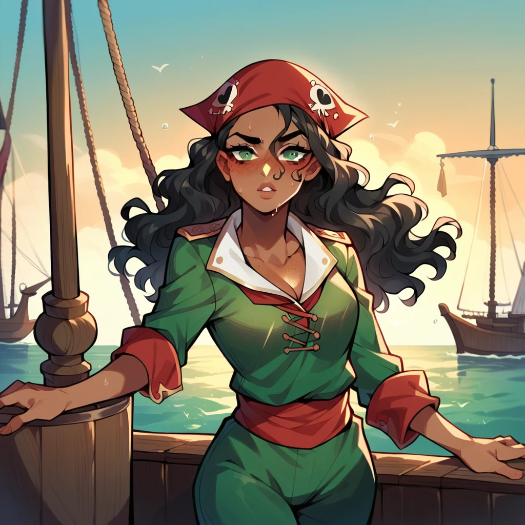 Female, (Dark Tan Skin), black hair, (long wavy hair), green eyes, faint blush and freckles, seductive expression, ((pirate inspired outfit)), ((hair wet styled down and wearing bandana), head tilted, fingers to lips, on a boat, pirate ship setting.