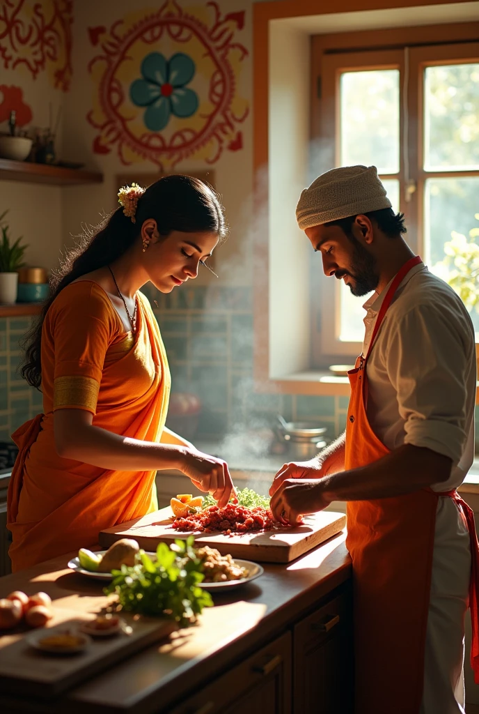 Hindu Brahmin women with her backside Muslim husband cutting meat