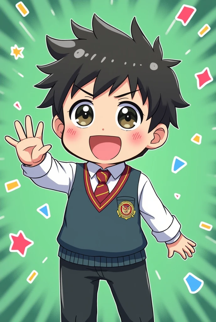 anime,Man, chibi,wearing a high school uniform, saying hello,green screen behind