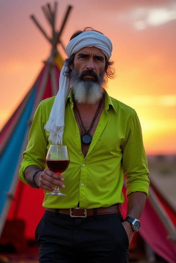 Handsome gypsy with plain white scarf on head Lime green shirt Small gray beard Black pants Full body Holding a glass of wine With canvas tent in background