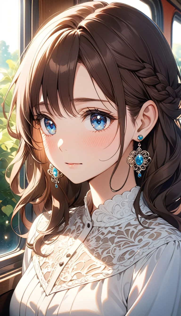A close-up of a beautiful young woman with large, expressive blue eyes and long, wavy dark brown hair with subtle reddish highlights. She is blushing slightly, giving her a soft, shy expression. The woman is wearing elegant, detailed earrings with intricate designs and a stylish white blouse that reveals a black lace garment underneath. The lighting is warm and soft, with sunlight filtering in from a window, creating gentle reflections on her hair and face. The background shows a blurred interior, possibly a cozy room or a train, with a window that hints at an outdoor scene with greenery. The art style is highly detailed, with smooth, vibrant colors and a realistic anime or manga aesthetic.