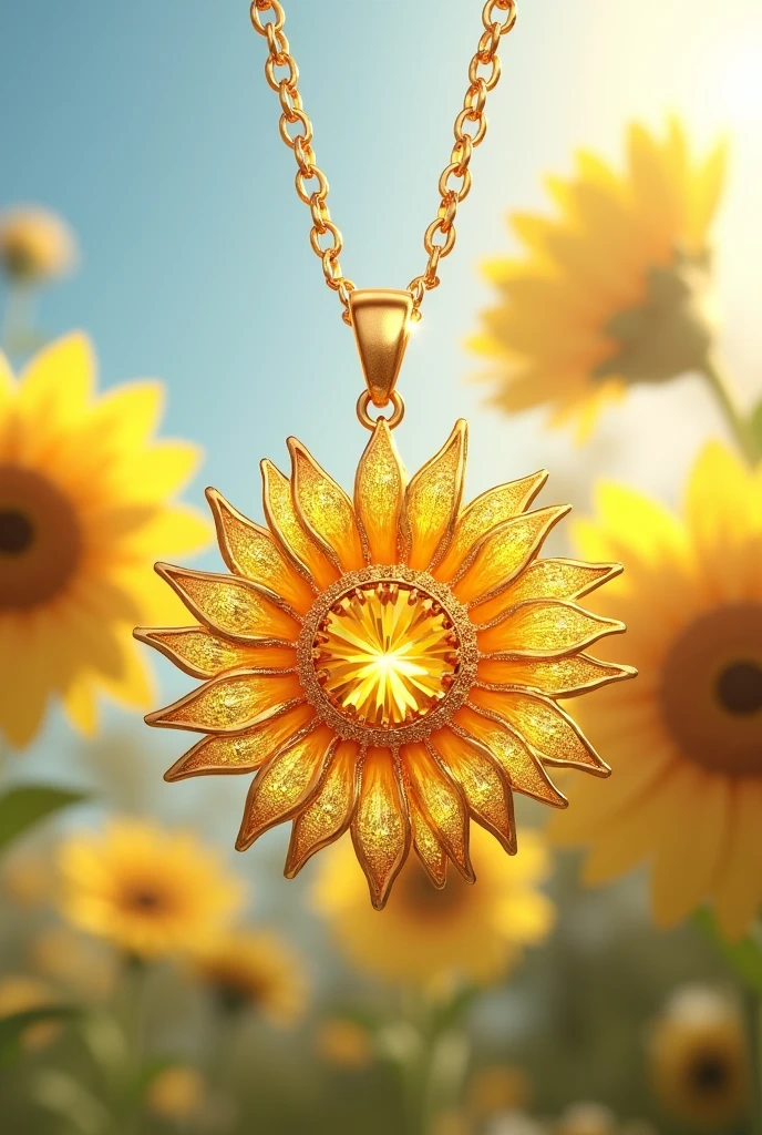 Beautiful 3D modeling rendering of a golden sunflower flower necklace with a yellow gem