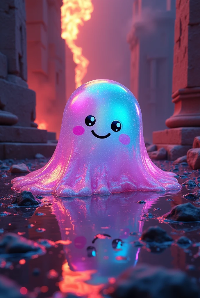 iridescent transparent slime is smiling, artistic, hyper, graphic CG digital fantasy artwork, background ruins, flames, neon lines