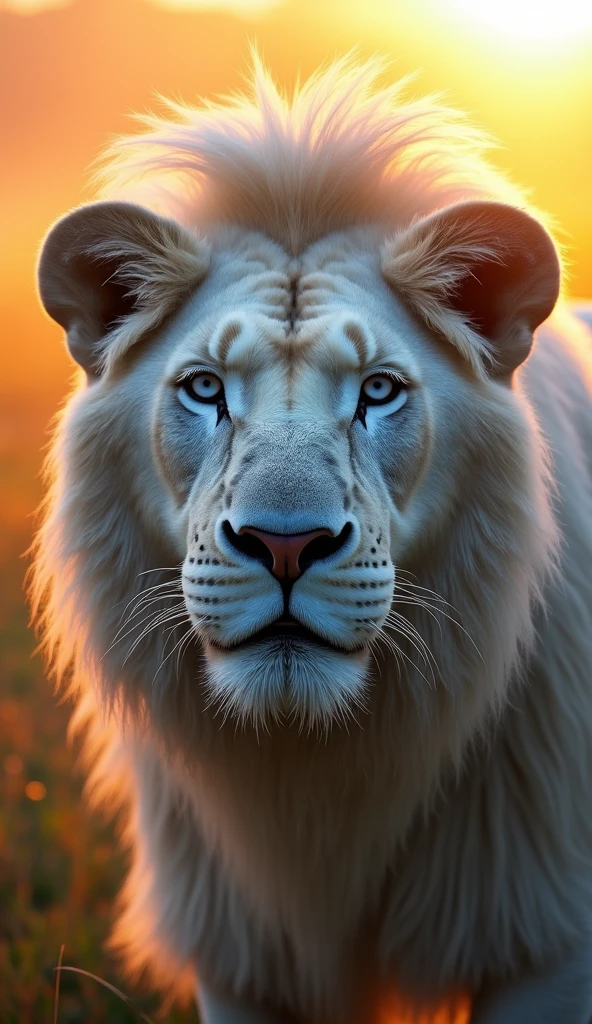 Create an ultra realistic 8k image of an albino lion with blue eyes, Strong and beautiful,  At sunrise and raining, focus on the Lion's face 