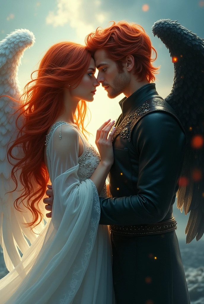 A red-haired angel with blue eyes and a handsome red-haired demon with green eyes, and they are siblings.