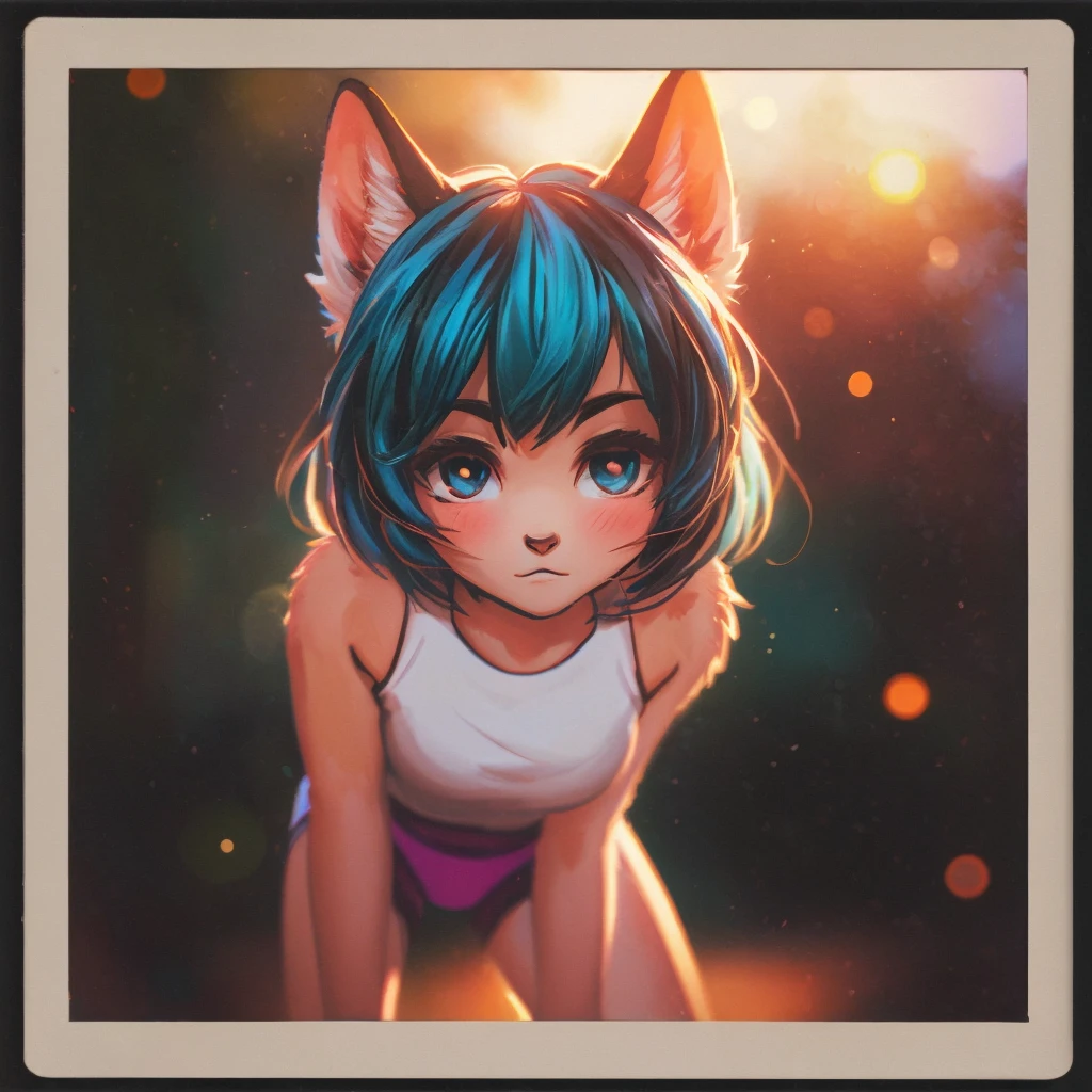 (Sumilux f1.4 36mm , Polaroid , low Latitude old color negative film , cross process , (bokeh), Long exposure , blur , flare, chromatic aberration , (soft focus), (Shallow focus) , soft glow , Maximum aperture, low Key , Transparent depiction , Tyndall:1.3) , Intoxication female cat , Blank look , in the bedroom , dim light , messy underwear , bend over