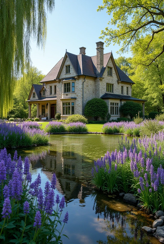 A classic European house with large texas sage gardens and pond in springs season