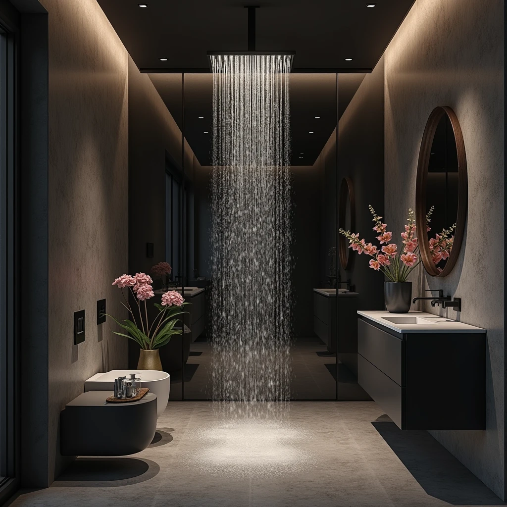 Imagine a beautiful large shower head on the shower but the bathroom should be beautiful with a few flowers. breast. Beautiful stones just look very modern, but in a black tone