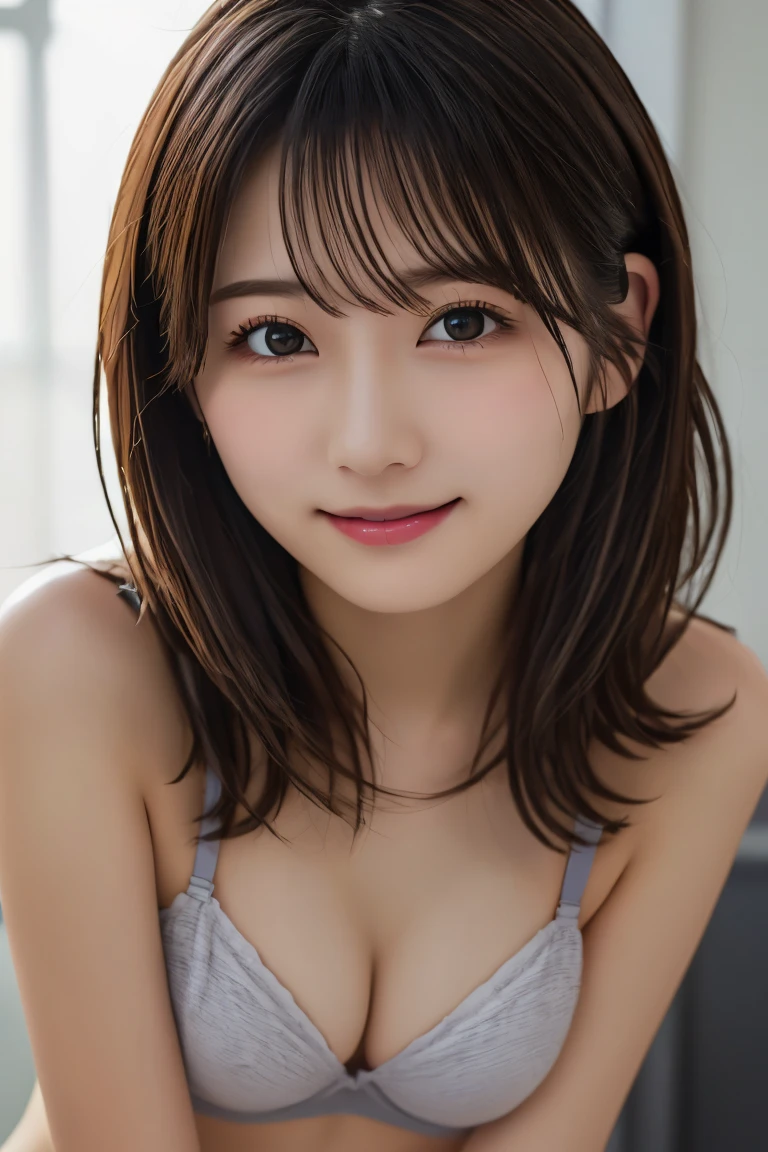 Highest quality, (beautiful)、beautiful女性、Precision Eyes、Brown Hair、Completely naked、Looking into the camera、Soft Breasts、Medium Hair、smile、indoor、Black Bra、Larger breasts、slouch、Leaning forward