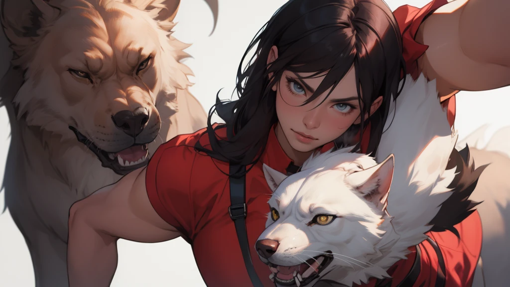 Close-up of a woman in a red dress holding a cat, wlop and artgerm, as seen on artgerm, role model | germ of art, angry sexy werewolf and high morals, artgerm and wlop, artgerm comic, Detailed Artgerm, Artistic style of germe, 极其详细的Artgerm