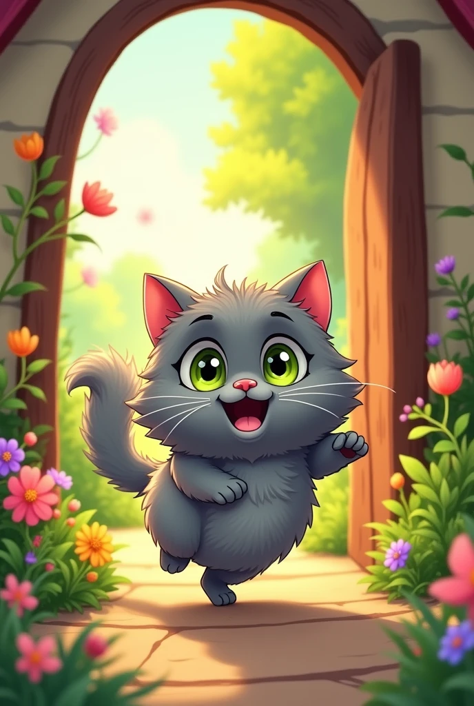 Gray and furry Persian cat cartoon image leaving home