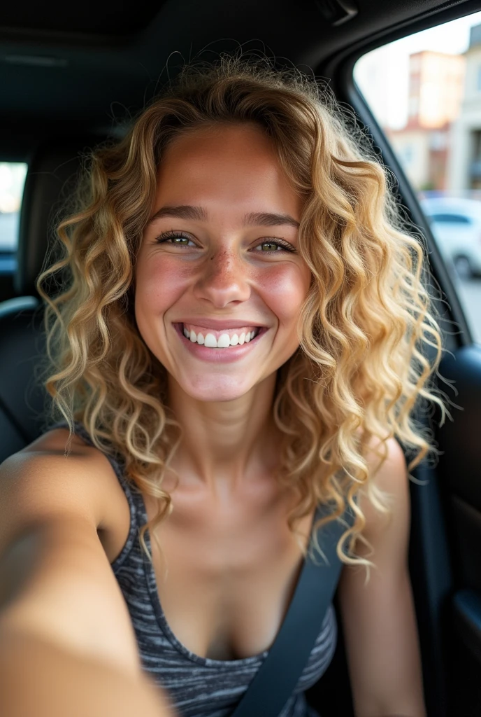 young lady, in a car, dressed normally, The curly blonde:1.2), 19 years old, Ground beef, , long high walk:1.1), (cum only on the face:1.2), Selfie, radiant smile, open eyes, HD, Studenten