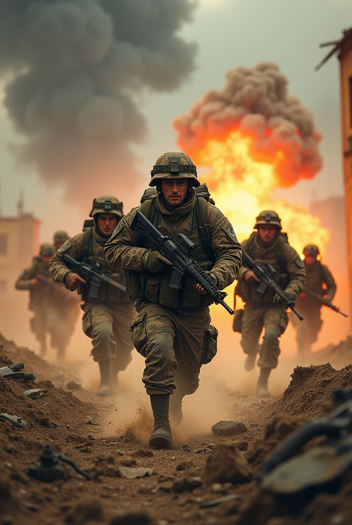 Soldiers running with guns in the battlefield with bombs in the background.