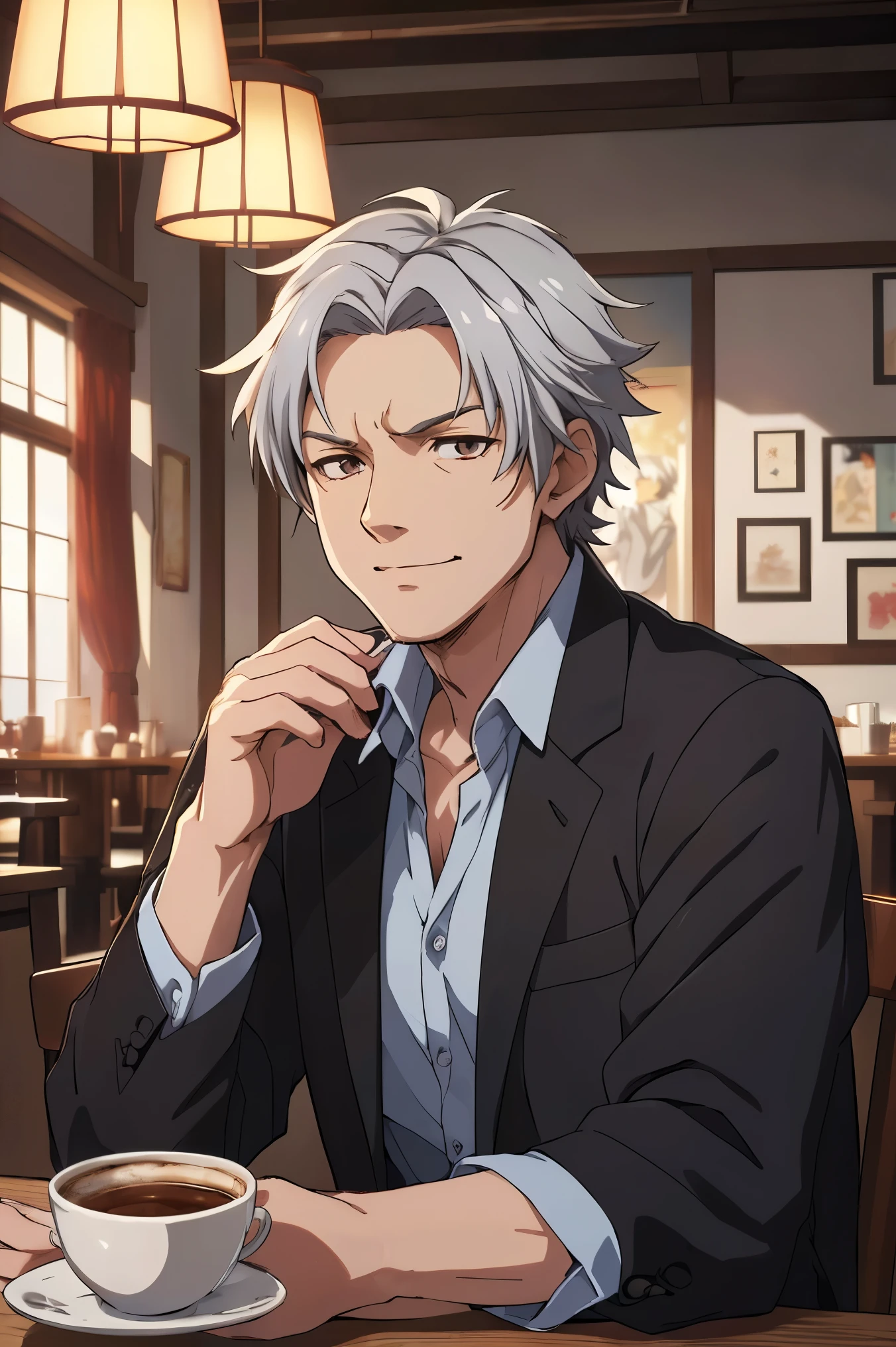 (((masterpiece、Anime Style、high resolution、high quality、Delicate、Ultra-high resolution、８ｋ)))Japanese men、６５age、Gray Hair、elder、Wrinkles、Black suit、WhiteＹshirt、accessories、Cafe