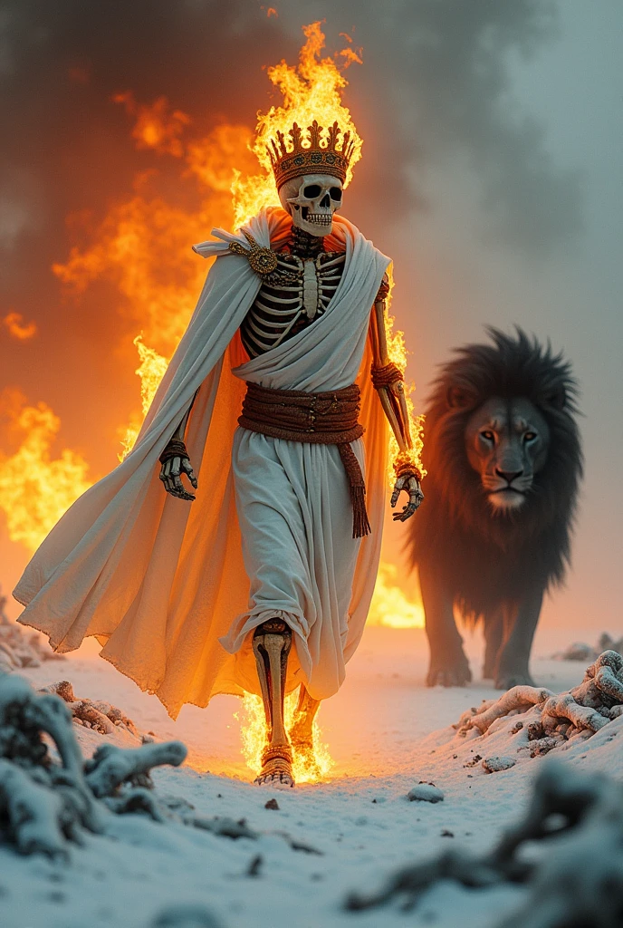 (photorealism:1.2), burning skeleton, wearing white toga, with crown, in the snow, psychedelic lighting, bones in background, walking pose, slaying black lion, realistic, intricate details, warm colors.
