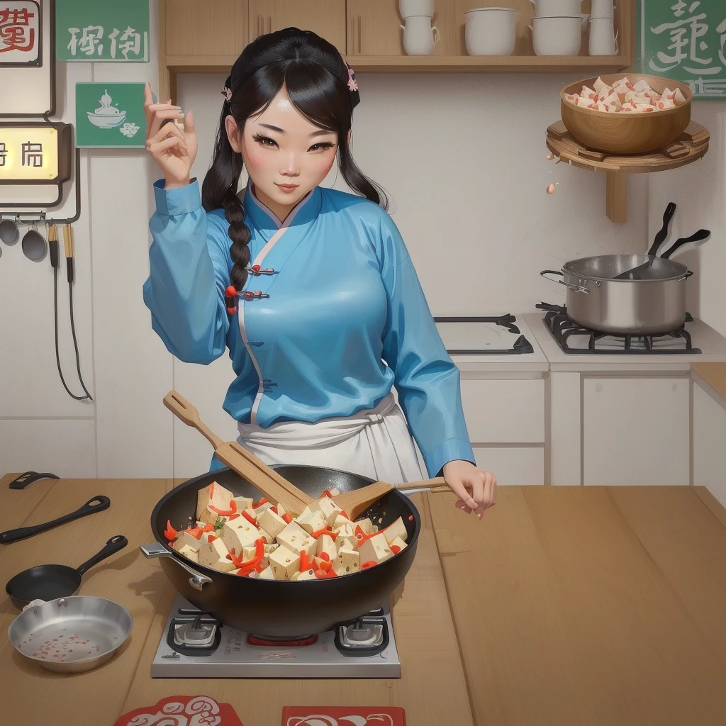 cartoon of a woman cooking food in a wok pan on a table, Sexy beauty map tofu cartoon, Pikachu cooks squid, cooking show, cooking, Inspired by Chen Daofu, gta chinatowon art style, Inspired by Yao Tingmei, wikihow illustrations, inspired by Pan Tianshou, inspired by Guan Daosheng, Inspired by Lin Tinggui