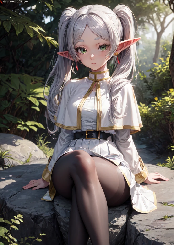 [FrierenBase], [Frieren], ((masterpiece)), ((HD)), ((High Res)), ((solo)), ((front view)), ((waist up)) ((detailed shading)), ((intricate details)), {(slim  figure), (smooth skin), (long white hair), (twintails), (elf ears), (curvy hips), (defined legs), (blank expression)}, {(red crystal earrings), (white capelet), (striped shirt), (horizontal stripes), (long sleeves), (black belt), (white skirt), (gold-trim on skirt), (black pantyhose)}, {(sitting on rock), (crossed legs), (hands in lap), (looking at viewer)}, [ambient lighting, outdoors, forest, sun rays]