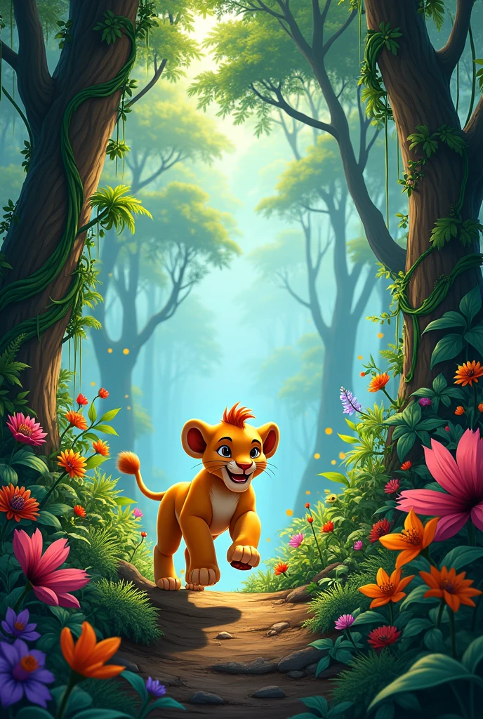 A vibrant jungle scene with tall trees, dense foliage, and a variety of colorful plants. In the middle, a small lion cub named Simbha with a lively expression, looking both brave and playful as he explores his surroundings.