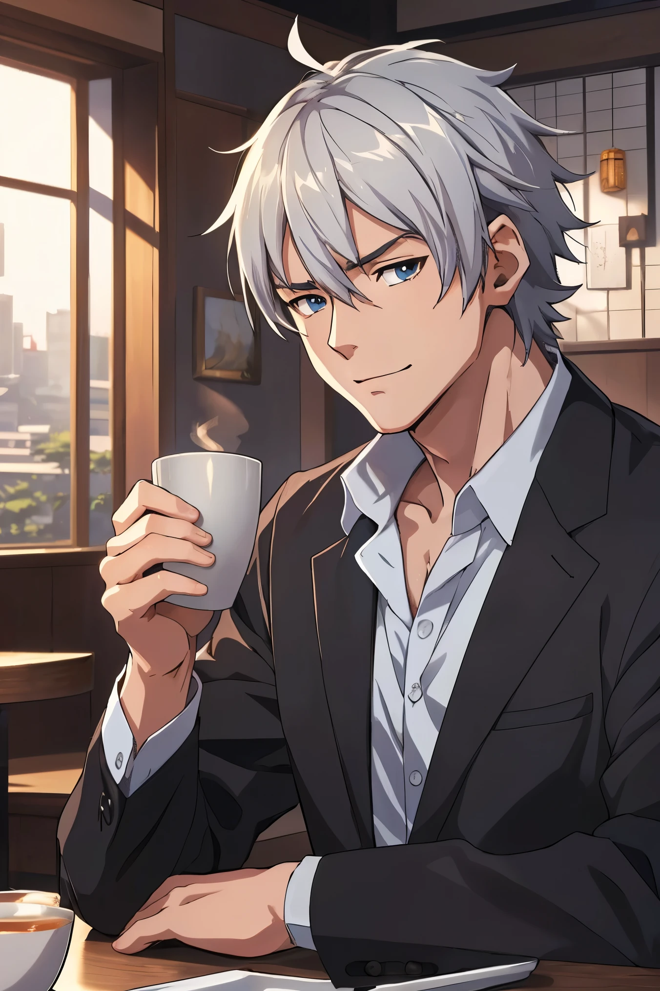 (((masterpiece、Anime Style、high resolution、high quality、Delicate、Ultra-high resolution、８ｋ)))Japanese men、６５age、Gray Hair、elder、Wrinkles、Black suit、WhiteＹshirt、accessories、Cafe